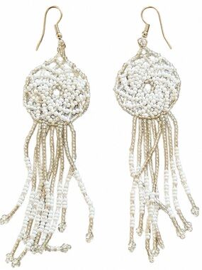 Handmade Cream Seed Bead Tassel Statement Dangle Earrings